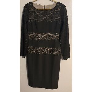 London Times Black Lace Sheath Dress Long Sleeve Cocktail Party Size 8